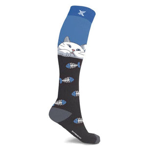 Knee high compression sock with woven cat and fishbones design