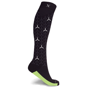 black knee high 20-30mmHg compression sock with lime sole and reflective design on the calf