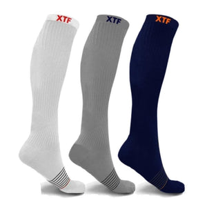 White, grey and navy compression socks