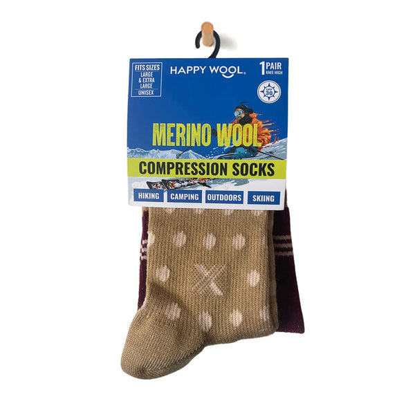 Packaged example of HappyWool knee high merino wool blend compression socks, caramel with cream dots and burgundy band near cuff