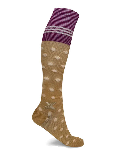 Happywool knee high merino wool blend compression socks, caramel with cream dots and burgundy cuff