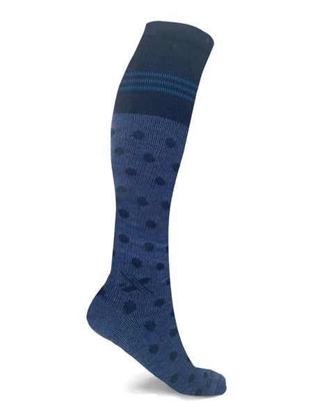 Happywool knee high merino wool blend compression boot socks, blue with navy dots