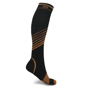 Copper flux knee high ultra v-striped compression socks, black with copper stripes