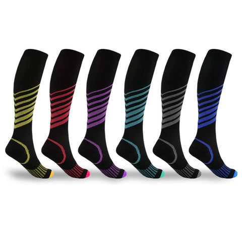 6 pair bundle of knee high v-style compression socks, black with assorted contrast colours on calf, heel and toe