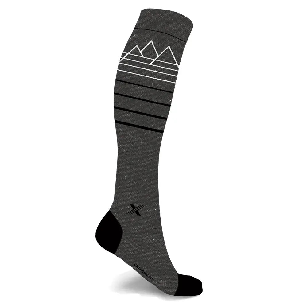 Happywool knee high merino wool blend compression boot socks, charcoal with white mountain design near cuff