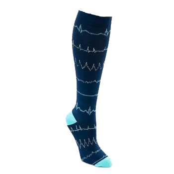 Nurseology Navy blue knee high compression socks feature various woven cardiac rhythms in pale blue. 20-30mmHg great for doctors and nurses!