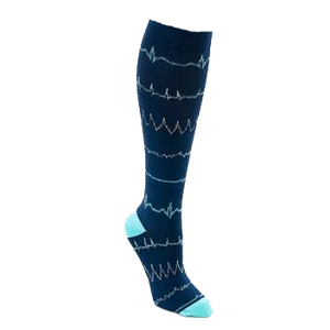 Nurseology Navy blue knee high compression socks feature various woven cardiac rhythms in pale blue. 20-30mmHg great for doctors and nurses!