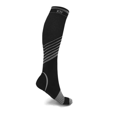 Ultra v-striped knee high athletic compression socks, black with grey stripes